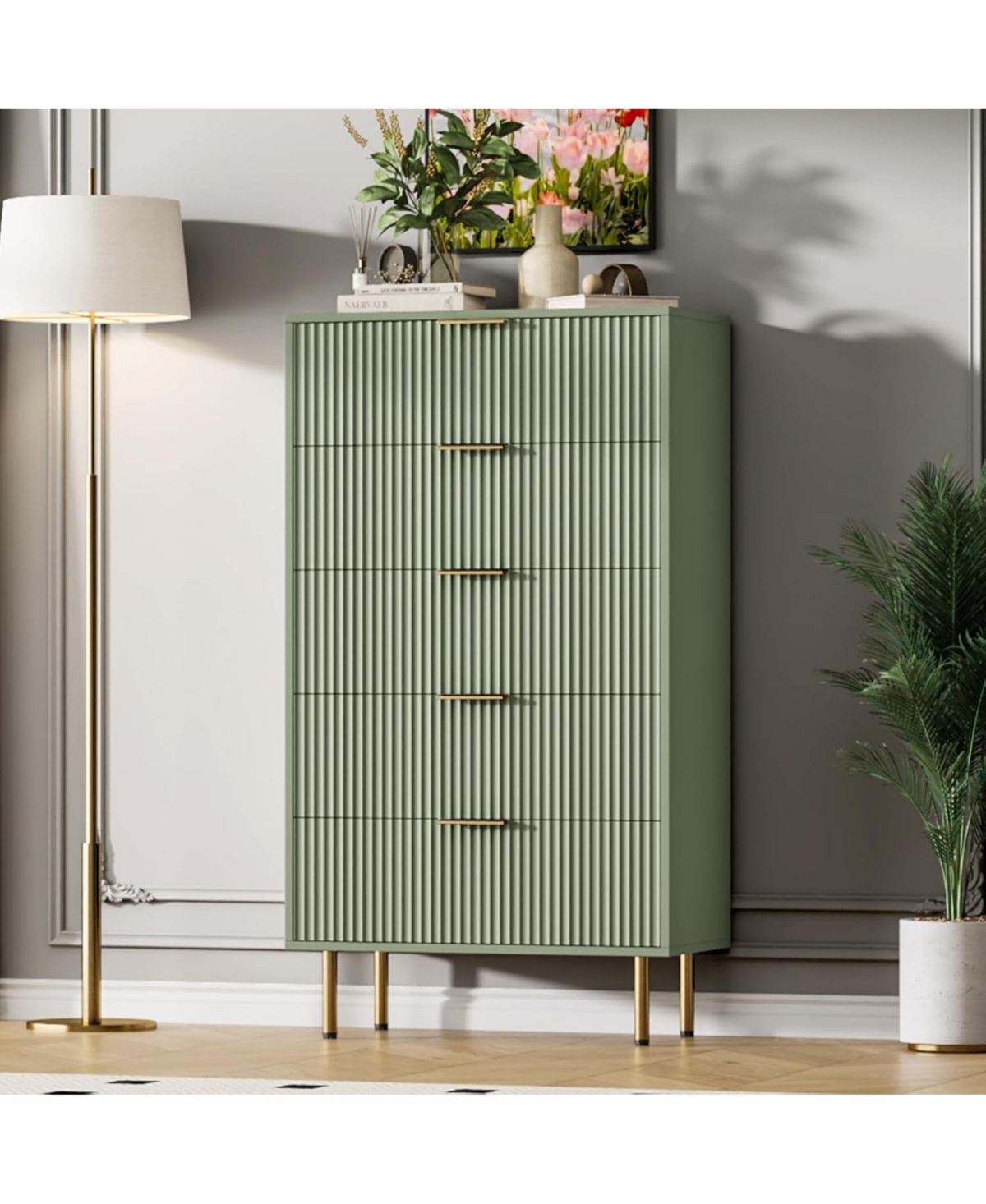 gaomon 5-Drawer Dresser for Bedroom, Modern Fluted Chest with Handles and Wood Storage