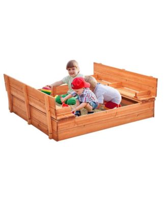 Wooden Sandbox, 52.4 x 47.2 x 16.9 in Sand Box, Sand Pit with Foldable Bench Seats and Bottom Liner