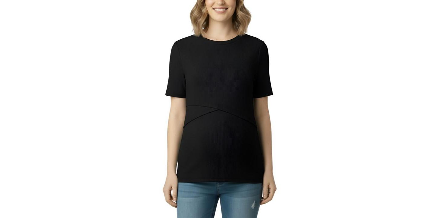 Женский топ для кормящих Motherhood Maternity с запахом и круглым вырезом, короткий рукав, цвет: Чёрный — фото 1