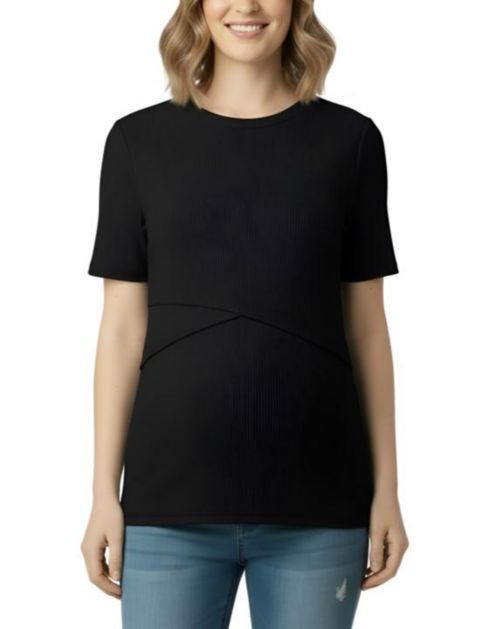 Женский топ для кормящих Motherhood Maternity с запахом и круглым вырезом, короткий рукав, цвет: Чёрный