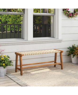 47" Teak Wood Patio Bench with Woven Seat and Solid Legs