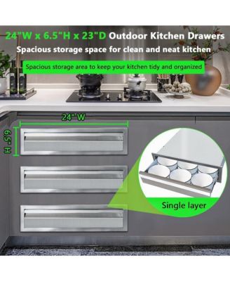 24" Outdoor Kitchen Drawers, Stainless Steel Single-Layer Flush Mount BBQ Drawers for Grill Station, Silver