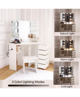 Corner Makeup Vanity Desk with Lights and Power Outlet, Rotating Drawers and Adjustable Shelves