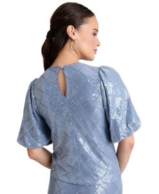 Women's Crew Neck Bubble Short-Sleeve Top and Fit & Flare Silhouette Pull-On Skirts