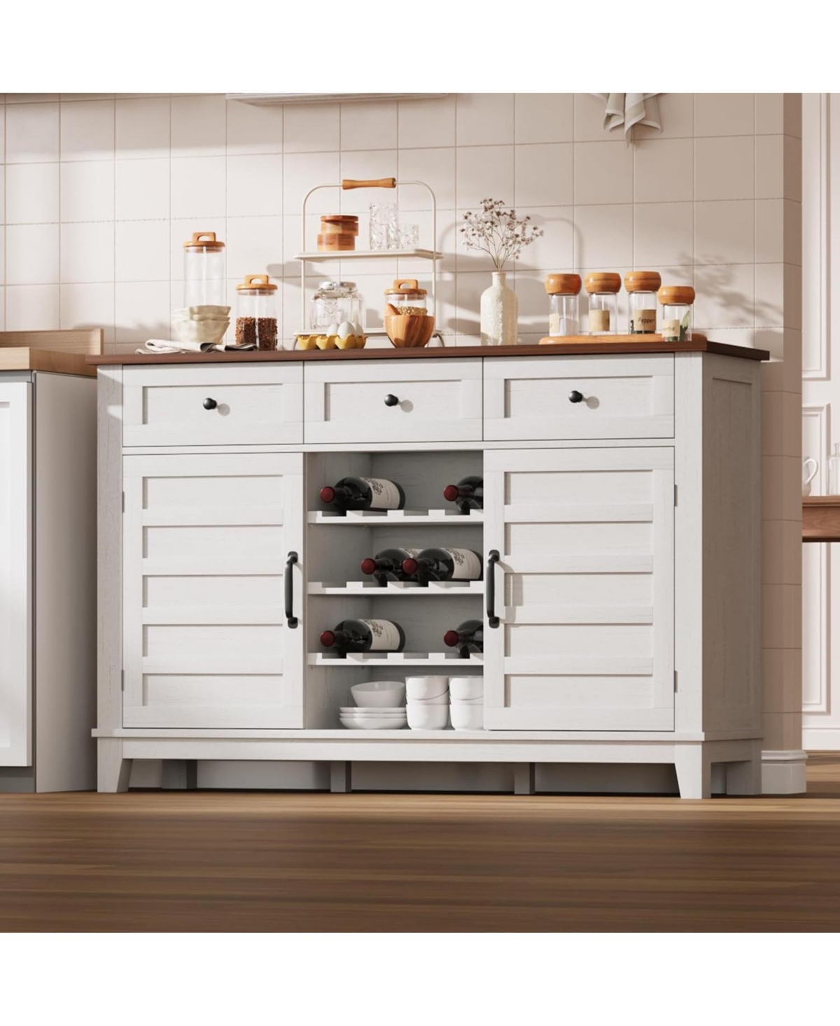 gaomon 53.5" Farmhouse Buffet Cabinet with Storage, Sideboard with Drawers and Reversible Wine Rack