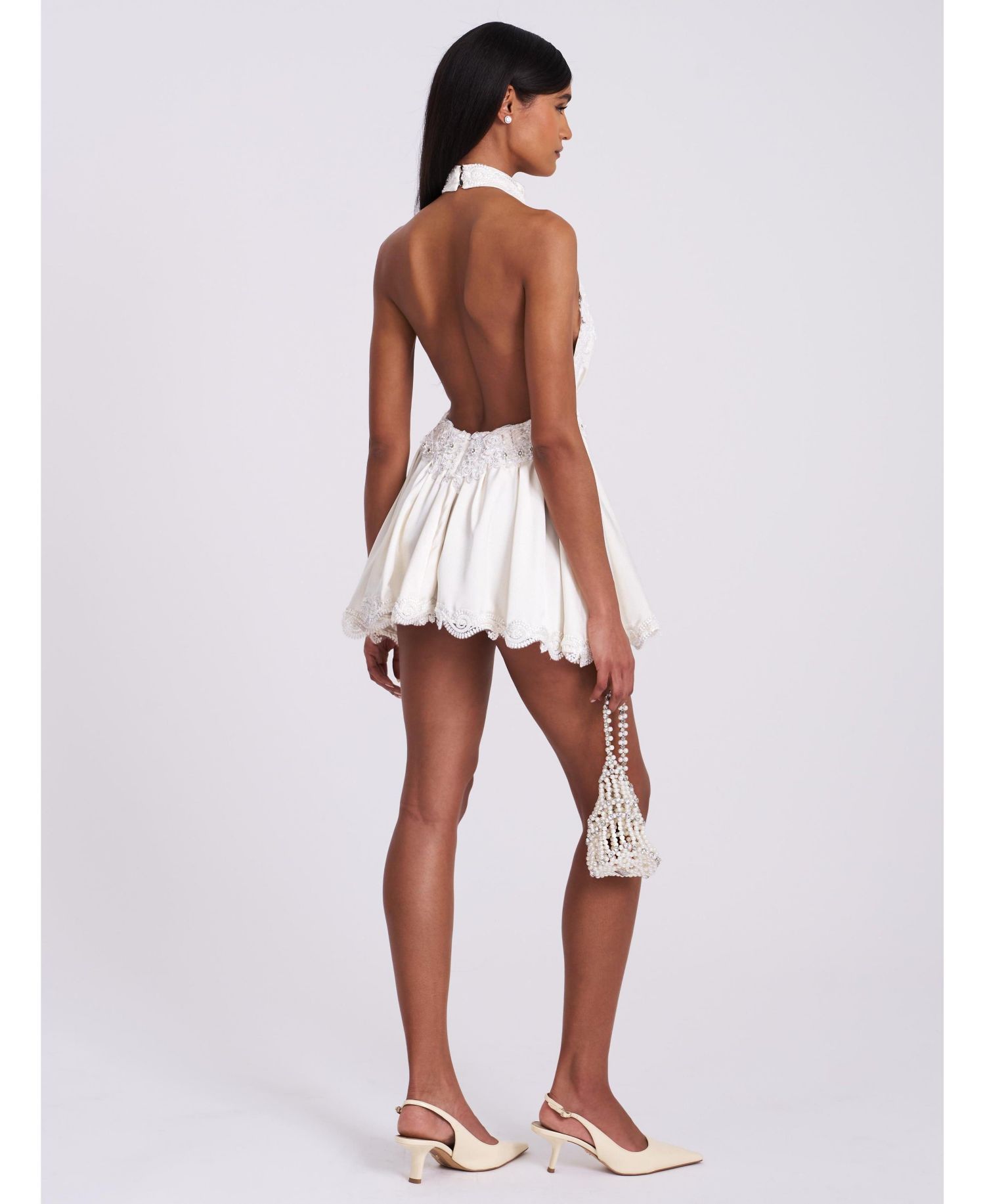 Women's Idalia Beaded Lace Trim Backless Halter Mini Dress