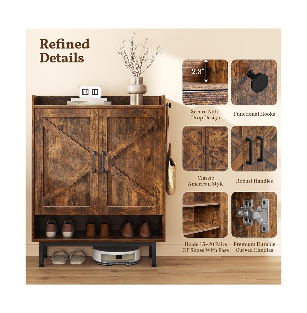 Country Style 5-Tier Shoe Cabinet with Barn-Inspired Doors Rustic Brown