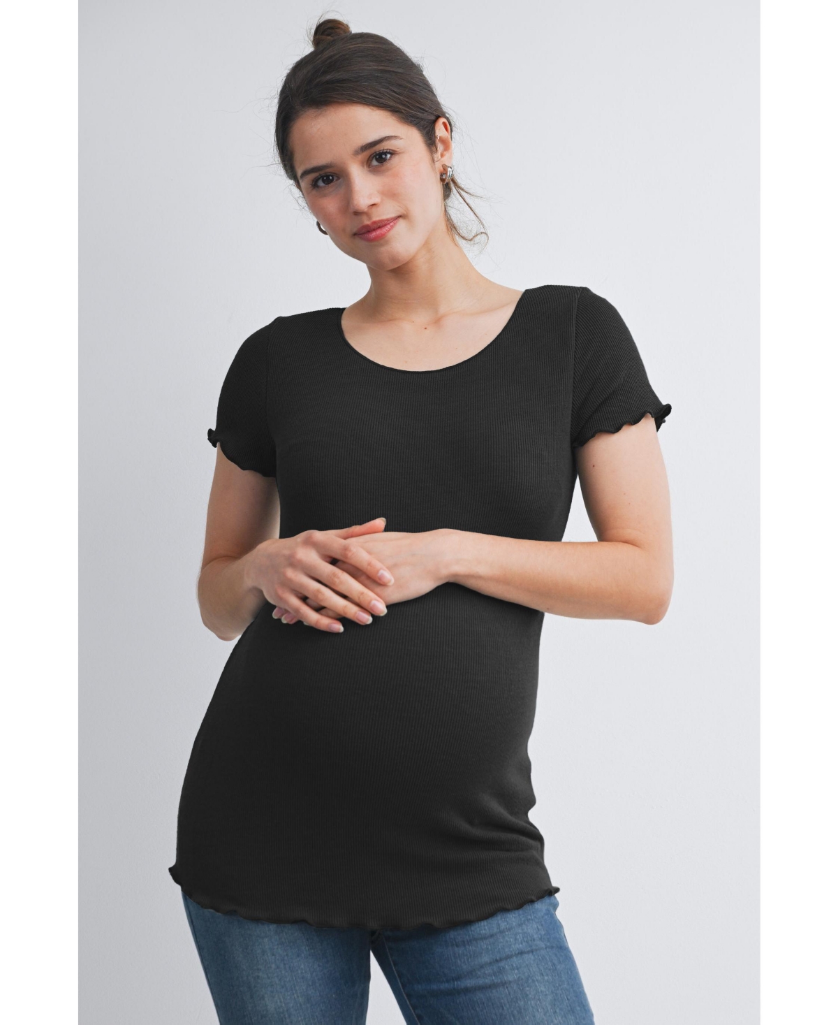 Hello Miz Maternity Scoop Neck Short Sleeve Ribbed Top - Black