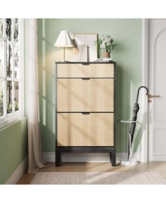 Shoe Storage Cabinet with 2 Flip Drawers,Entrance Wooden Shoe Rack with Iron Legs,Farmhouse Fluted Shoe Organizer for Entryway,Hallway,Foyer,Black+Oak