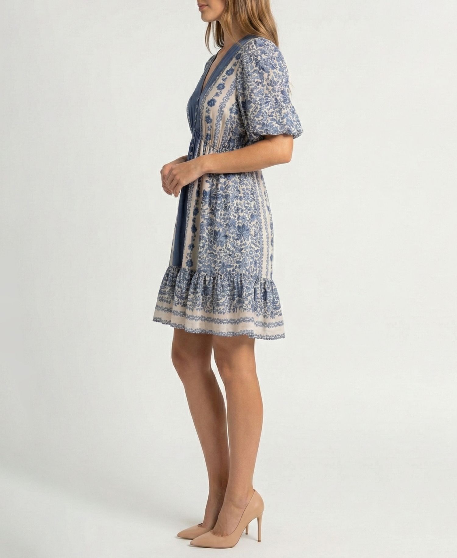Women's Petite Puff-Sleeve Ruffled-Hem Dress