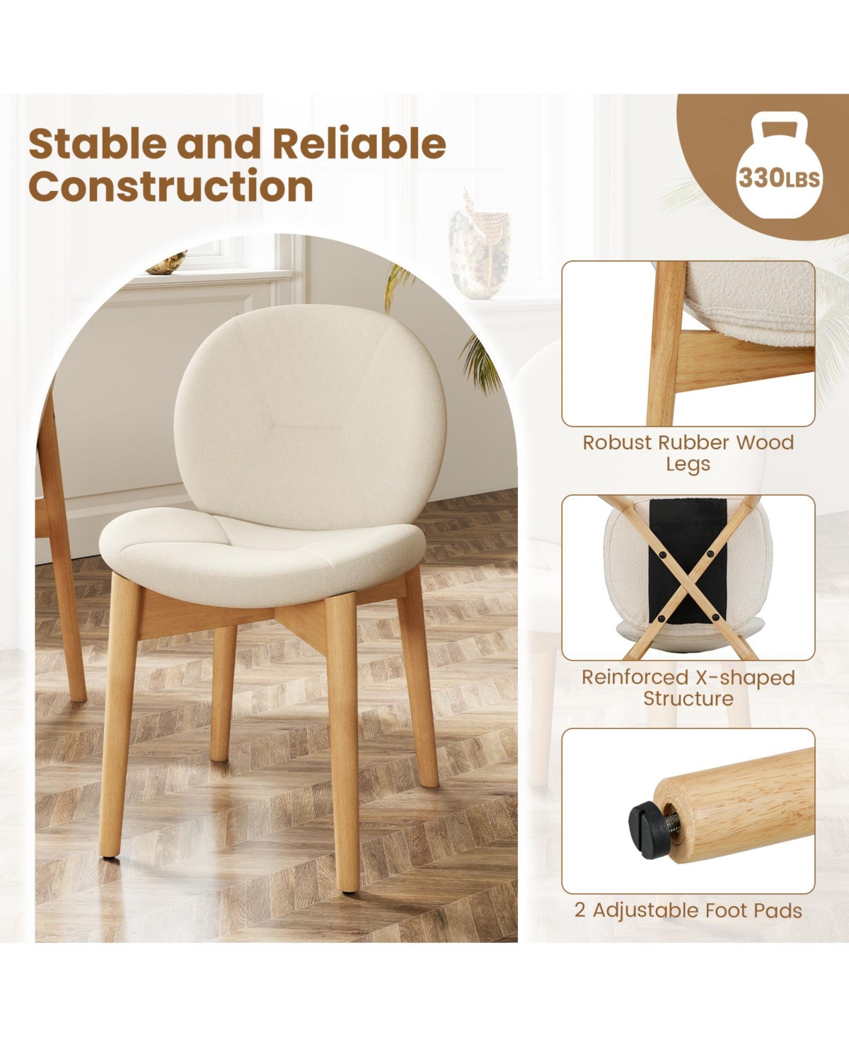 Gymax 2PCS Wooden Dining Chairs Soft Boucle Upholstered Kitchen Chairs w/ Curved Seat