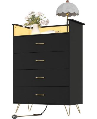 Tall 4-Drawer Dresser with RGB Lights & Charging Station, App-Controlled LED Wooden Chest for Bedroom, Black