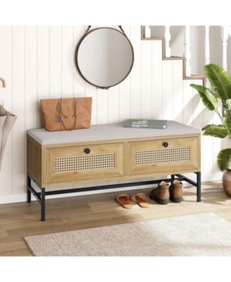 Entryway Collection Wooden Rattan Bench with Linen Cushion and Storage Drawer Shoe Bench