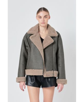 Women's Faux Leather Jacket with Sherpa Lining