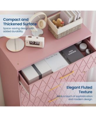 5-Drawer Tall Dresser for Bedroom, Wooden Chest of Drawers with Gold Handles for Closet Storage, Pink