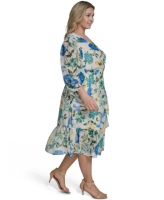 Plus Size Balloon-Sleeve Tiered Midi Dress