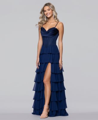 Juniors' Sweetheart Chiffon Tiered Lace-Up Back Corset Ball Gown