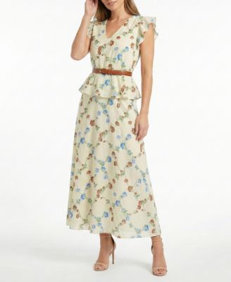 Women's Belted V-Neck Peplum Dress