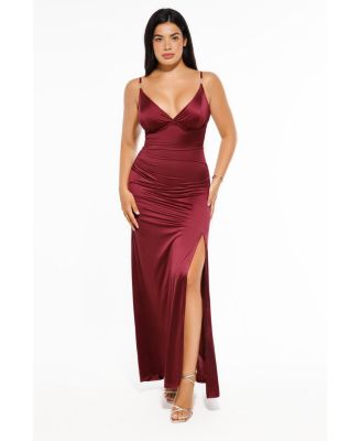 Women's Shapewear Satin Deep-V Front Slit Maxi Dress
