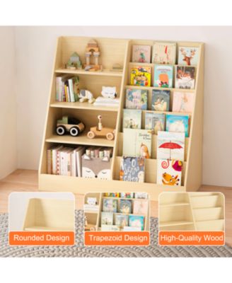  Kids Bookshelf & Toy Storage Organizer - 4 Tier Wooden Bookcase (Natural