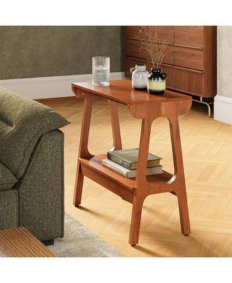 Solid Wood End Table with Storage Shelf, Narrow 2-Tier Side Table for Small Spaces, Sofa Couch Table, Tall Nightstand