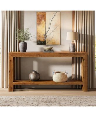 63-Inch Solid Wood Entryway Console Table, Farmhouse Narrow Couch Table Behind Sofa with 2-Tier Storage for Hallway, Living Room, Foyer