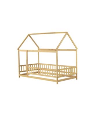 Twin Size House Floor Wooden Bed with Roof Frame Safety Guardrails