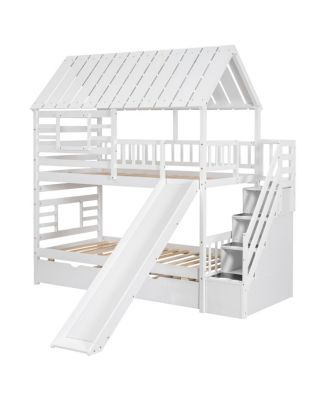 Twin over Twin Bunk Bed with Trundle, Slide, Stairs, Roof, Window, White