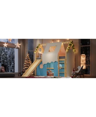 Twin Size House Loft Bed with Sills, Tents, Slide, Lights