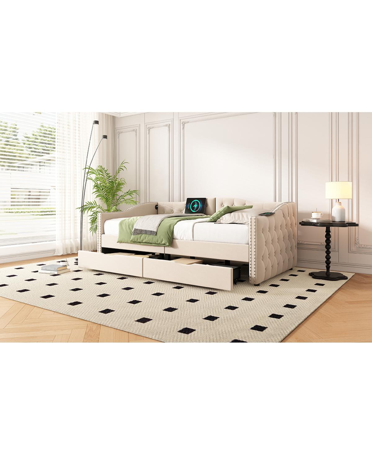 Streamdale Furniture Upholstered Beige Daybed with Storage Drawers - Twin Size