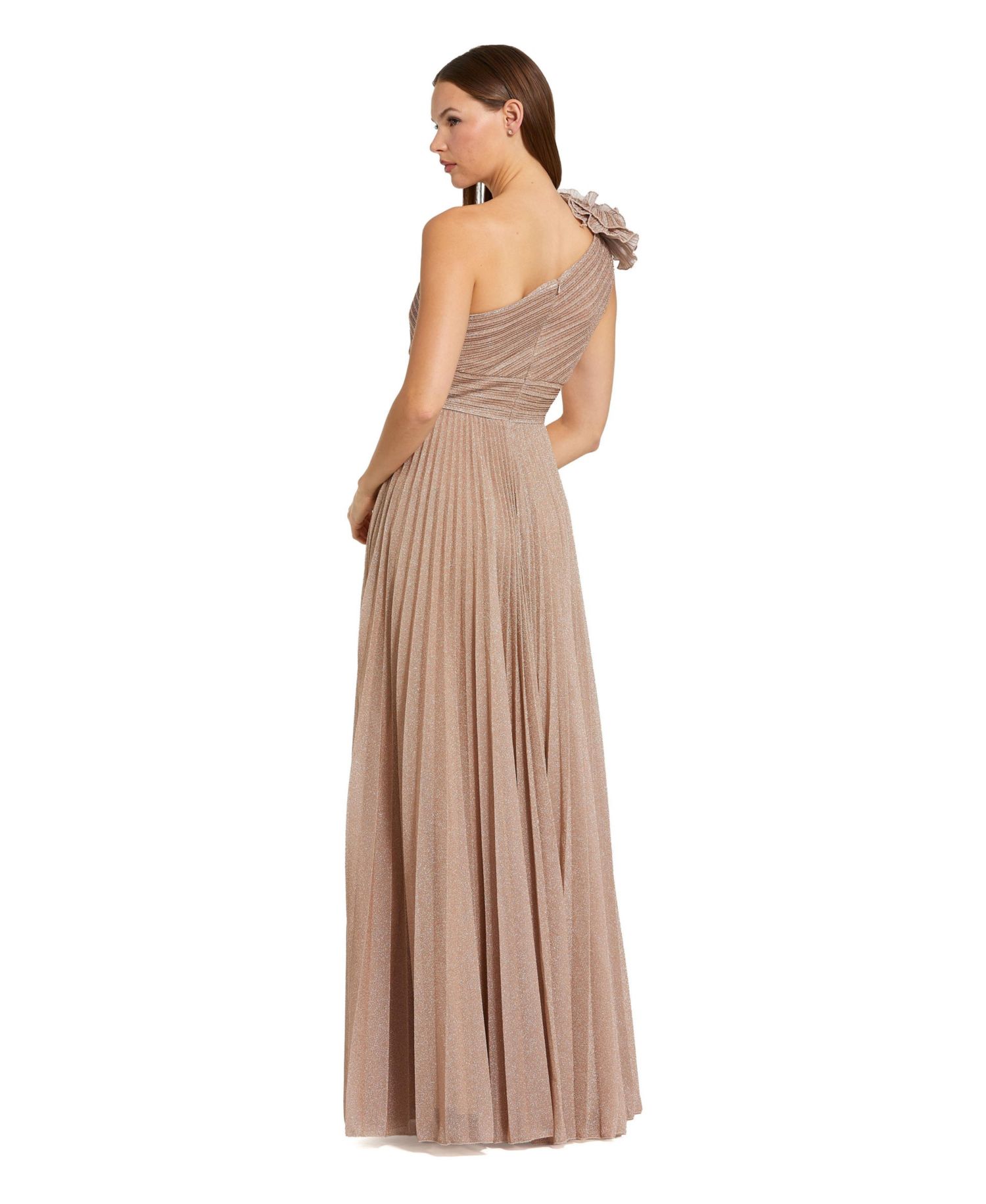 Women's Pleated Metallic One Shoulder Gown With Ruffle