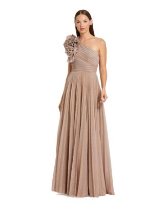 Women's Pleated Metallic One Shoulder Gown With Ruffle