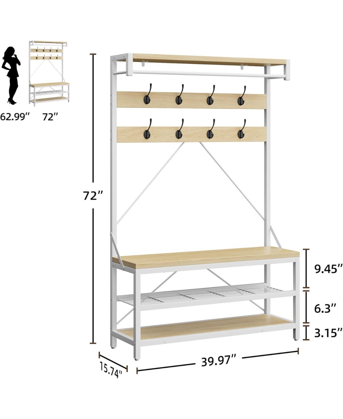 gaomon Coat Rack Shoe Bench Industrial Hall Tree Storage Bench for Entryway, Wood Look Accent Large Shoe Rack with Storage Shelf Hanging Bar,Brown