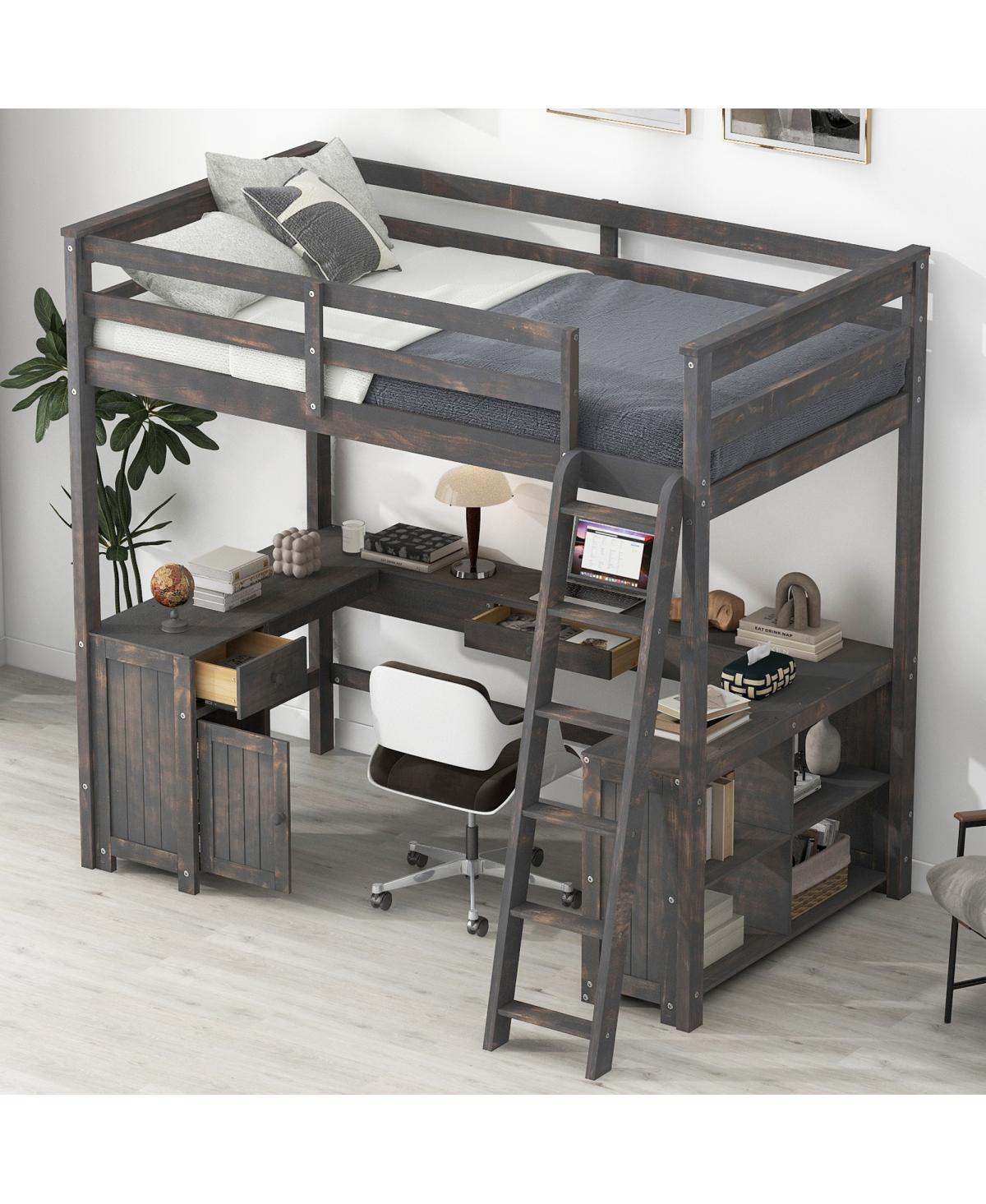 Streamdale Furniture Full Size Loft Bed with U-shaped Desk, Drawers & Storage