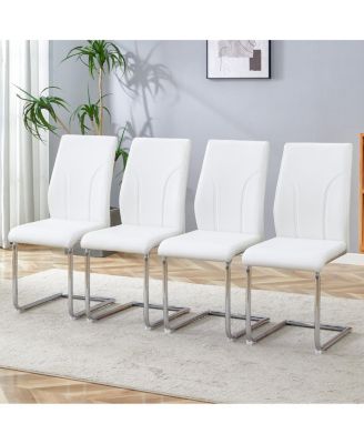 Set of 4 White PU Dining Chairs with High Backrest and Sturdy Legs