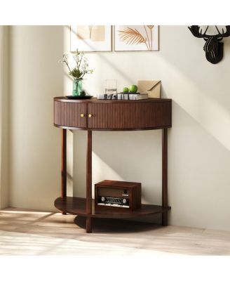 Artisan Wave-Pattern Demi-Lune Console Table, Woodgrain, 2 Drawers