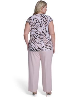 Plus Size Printed Cap Sleeve Cowl Neck Top