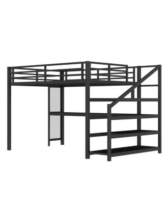 Loft Bed with Desk and Storage Stairs, Metal Loft Bed with LED Lights & USB Ports