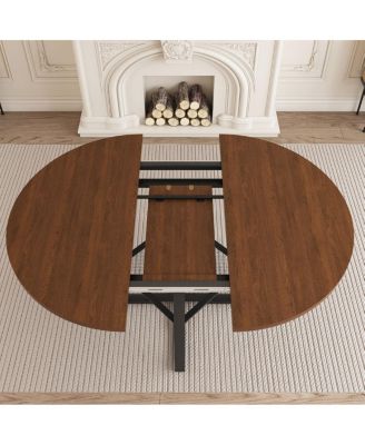  47" Extendable Round Dining Table with Storage, Walnut Finish & Metal Frame