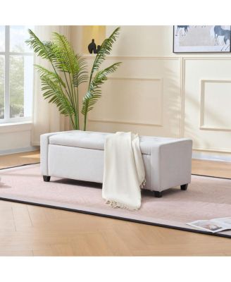 48" Storage Bench for End of Bed, Faux Linen Upholstered Storage Ottoman, Beige