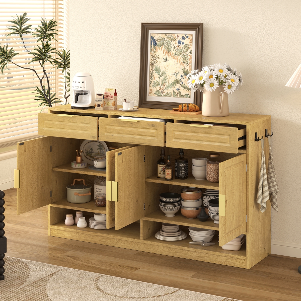 Streamdale Furniture Farmhouse Sideboard with 3 Drawers, 4 Doors, 59.1" Storage Buffet