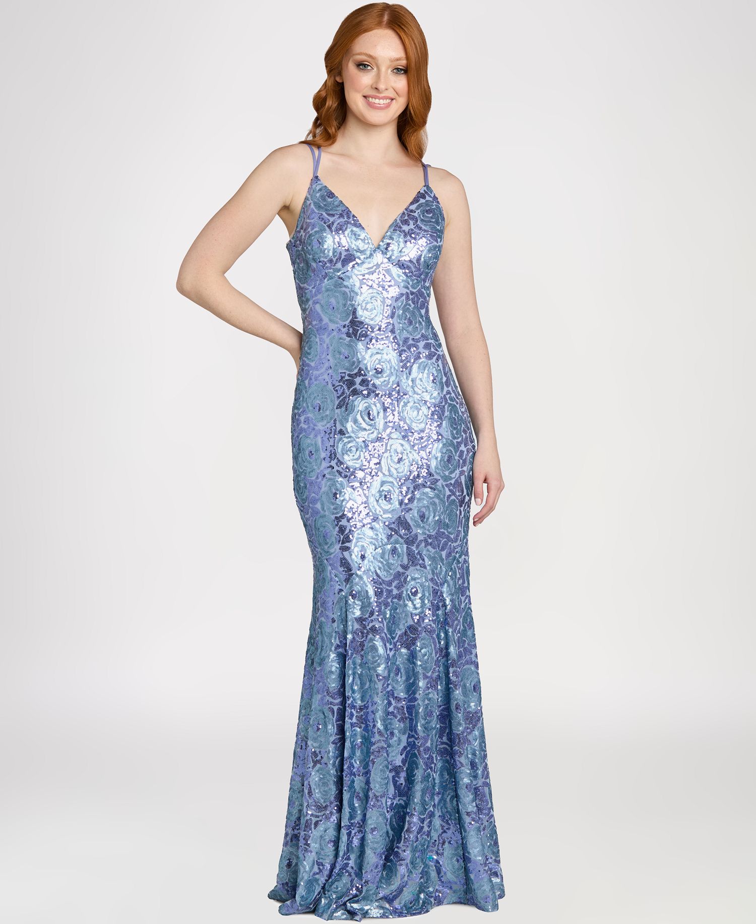 Morgan & Company Juniors' Sequin Floral Pattern V-Neck Ball Gown only