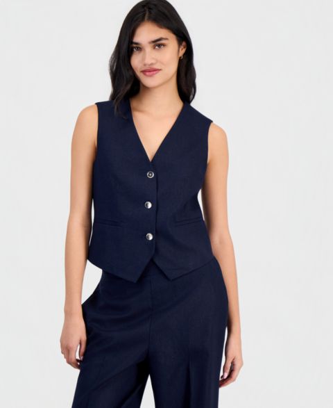 Женский жилет Bar III Linen-Blend Button-Front Vest, цвет: Тёмно-синий