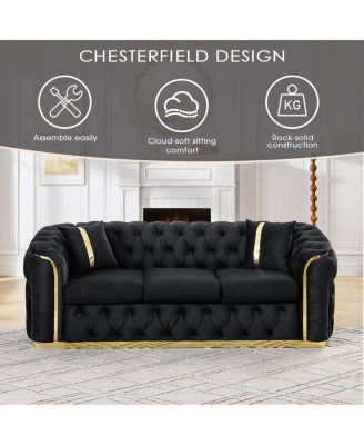 Streamdale Velvet Button Tufted Sofa Couch with 2 Pillows, 3 Seater Luxury Chesterfield Sofa Set
