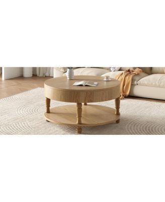  Coffee Table with Dual Storage, 31.5" Modern Round Table (Natural Wood