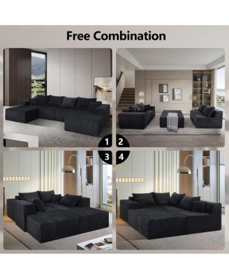 6-Piece Modular U-Shaped Black Corduroy Sectional Sofa with Chaise Lounge