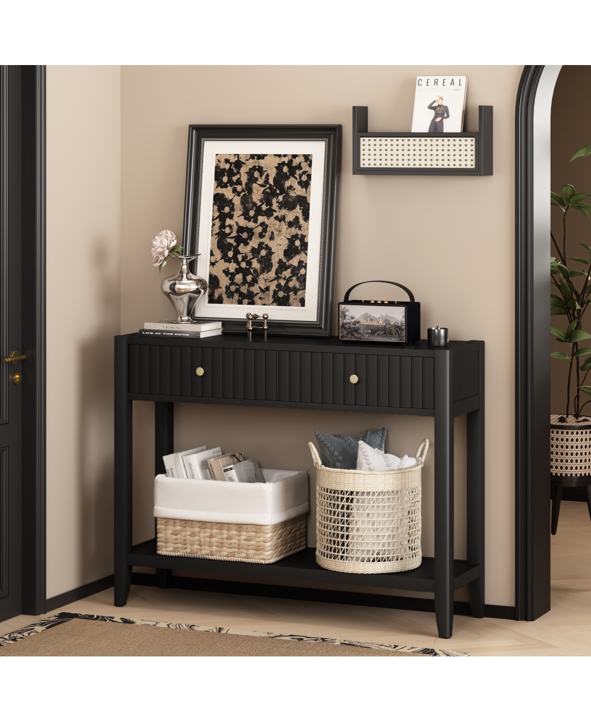 Streamdale Furniture Console Table with Drawers, Narrow Wood Accent Sofa Table, Black