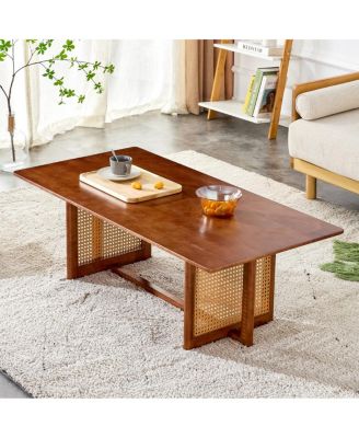  Solid Wood & Rattan Coffee Table for Living Room