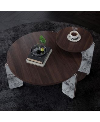 Modern Coffee Table with End Table Set, Durable Walnut Veneered MDF 83cm Center Table with 43cm Side Table