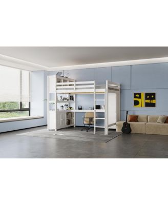 Wood Loft Bed with Cabinet, Bookshelf & Desk